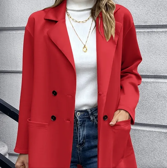 Red Lapel Collar Long Sleeve Blazer