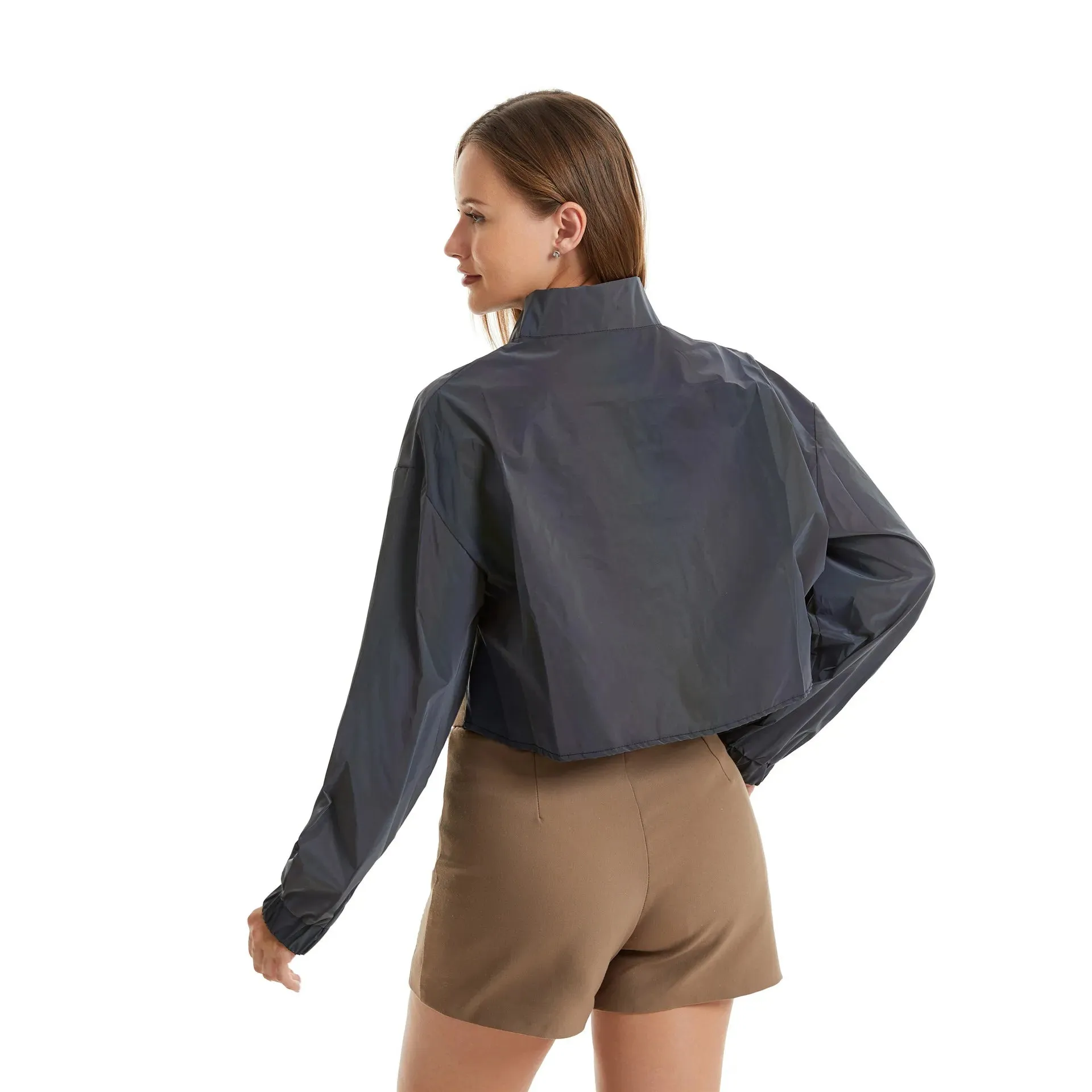 Reflective Colourful Short Jacket - Women Crop Top Long Sleeve Stand Spring Autumn Coat