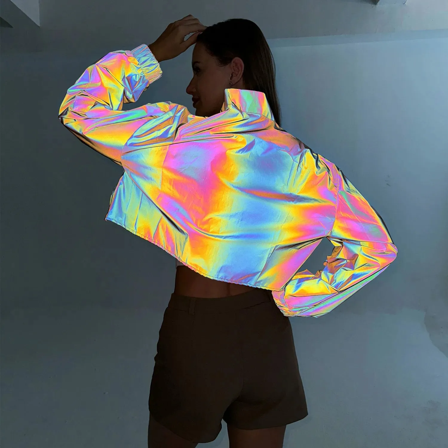 Reflective Colourful Short Jacket - Women Crop Top Long Sleeve Stand Spring Autumn Coat