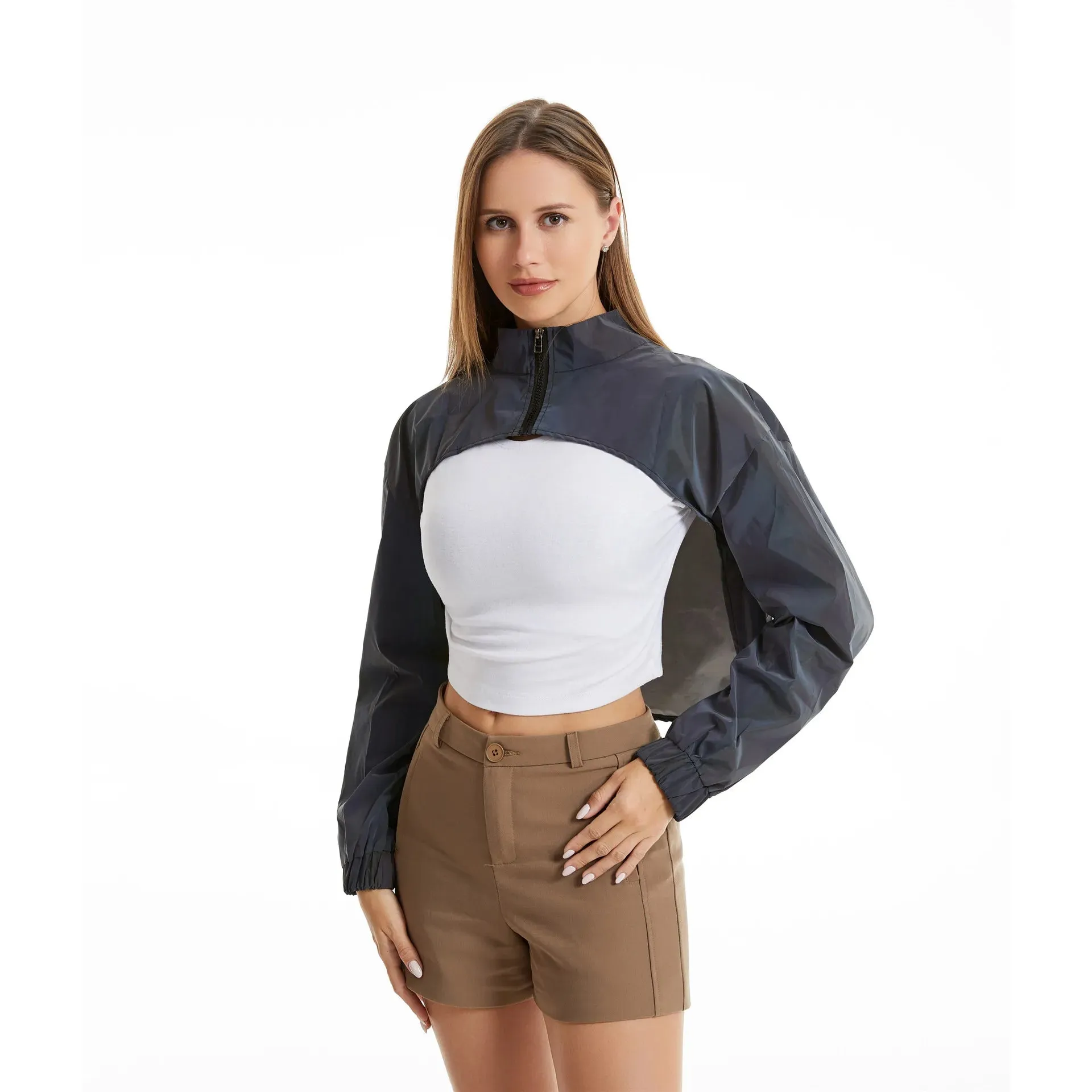 Reflective Colourful Short Jacket - Women Crop Top Long Sleeve Stand Spring Autumn Coat