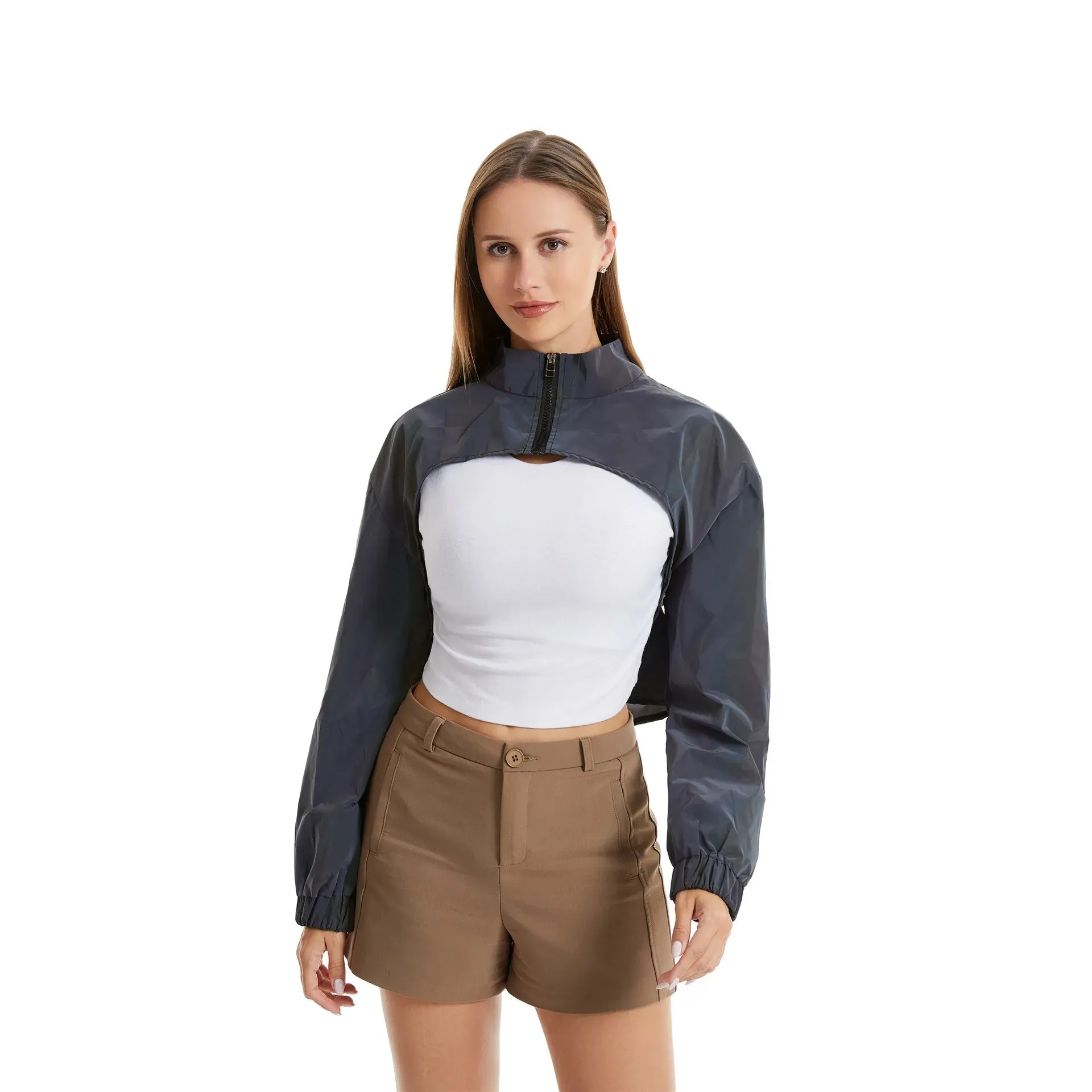 Reflective Colourful Short Jacket - Women Crop Top Long Sleeve Stand Spring Autumn Coat