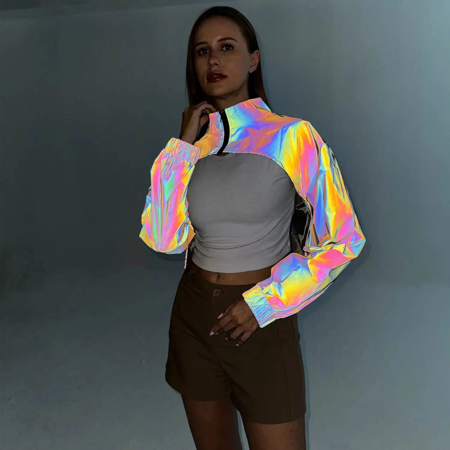 Reflective Colourful Short Jacket - Women Crop Top Long Sleeve Stand Spring Autumn Coat