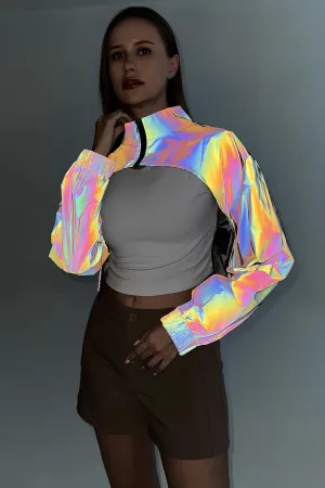 Reflective Colourful Short Jacket - Women Crop Top Long Sleeve Stand Spring Autumn Coat