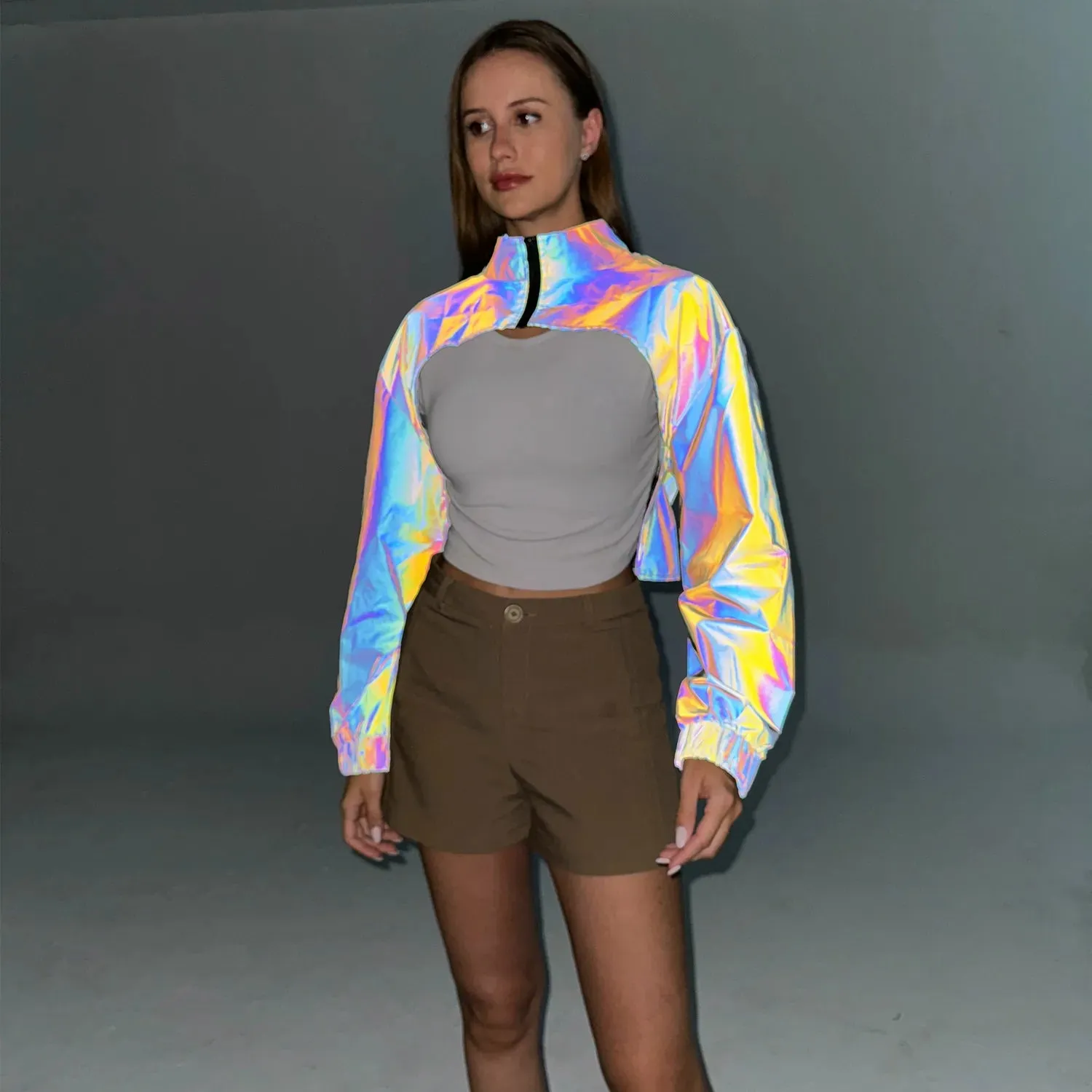 Reflective Colourful Short Jacket - Women Crop Top Long Sleeve Stand Spring Autumn Coat