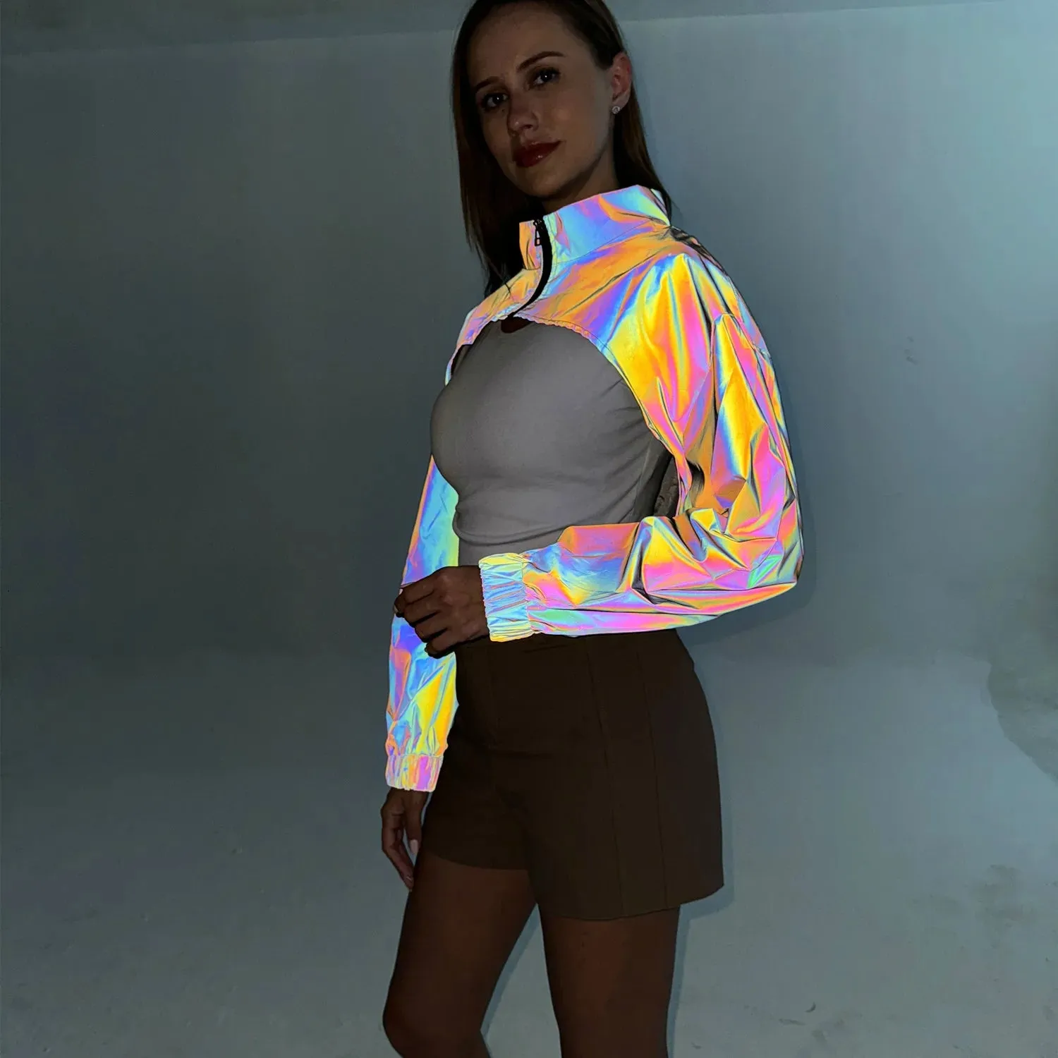 Reflective Colourful Short Jacket - Women Crop Top Long Sleeve Stand Spring Autumn Coat