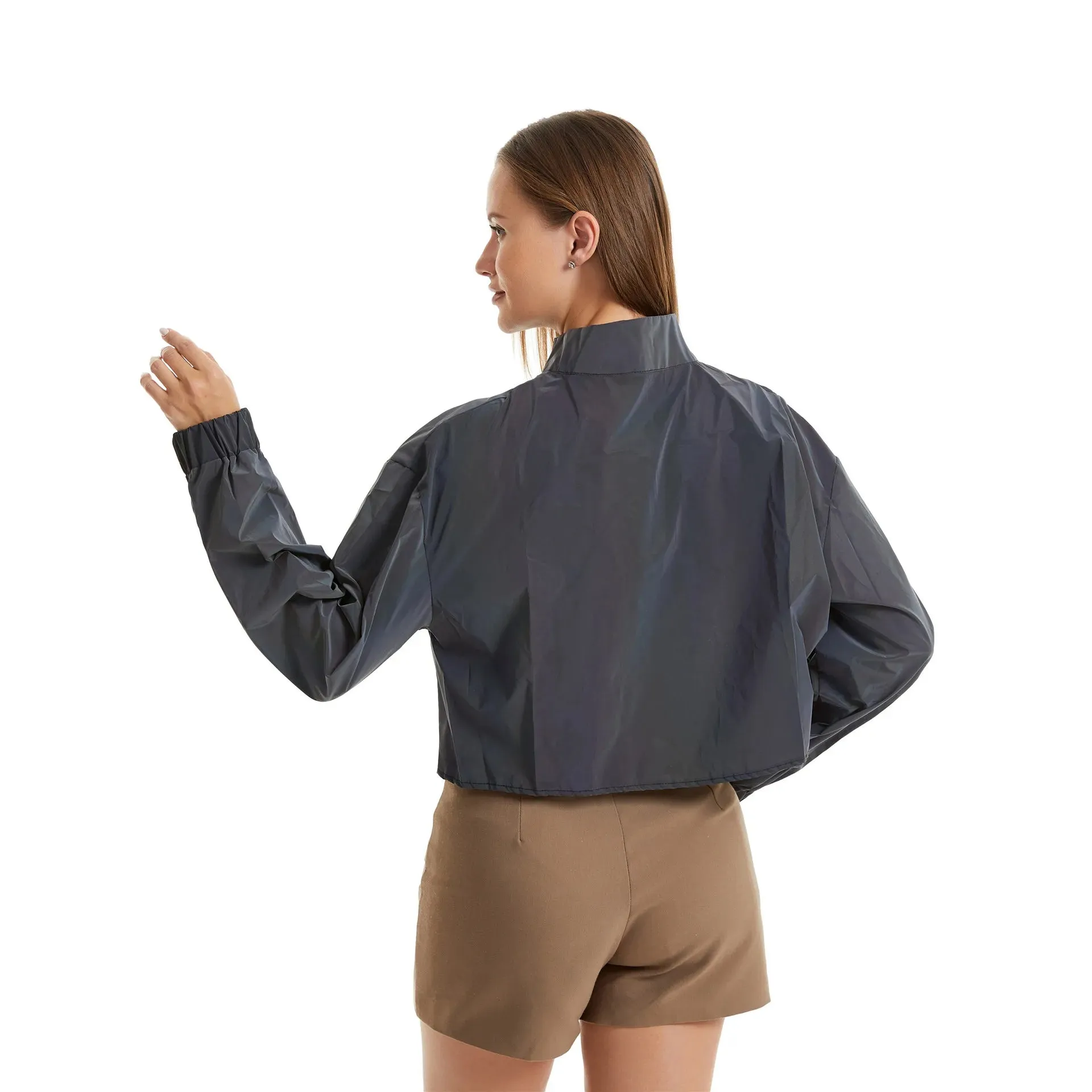 Reflective Colourful Short Jacket - Women Crop Top Long Sleeve Stand Spring Autumn Coat