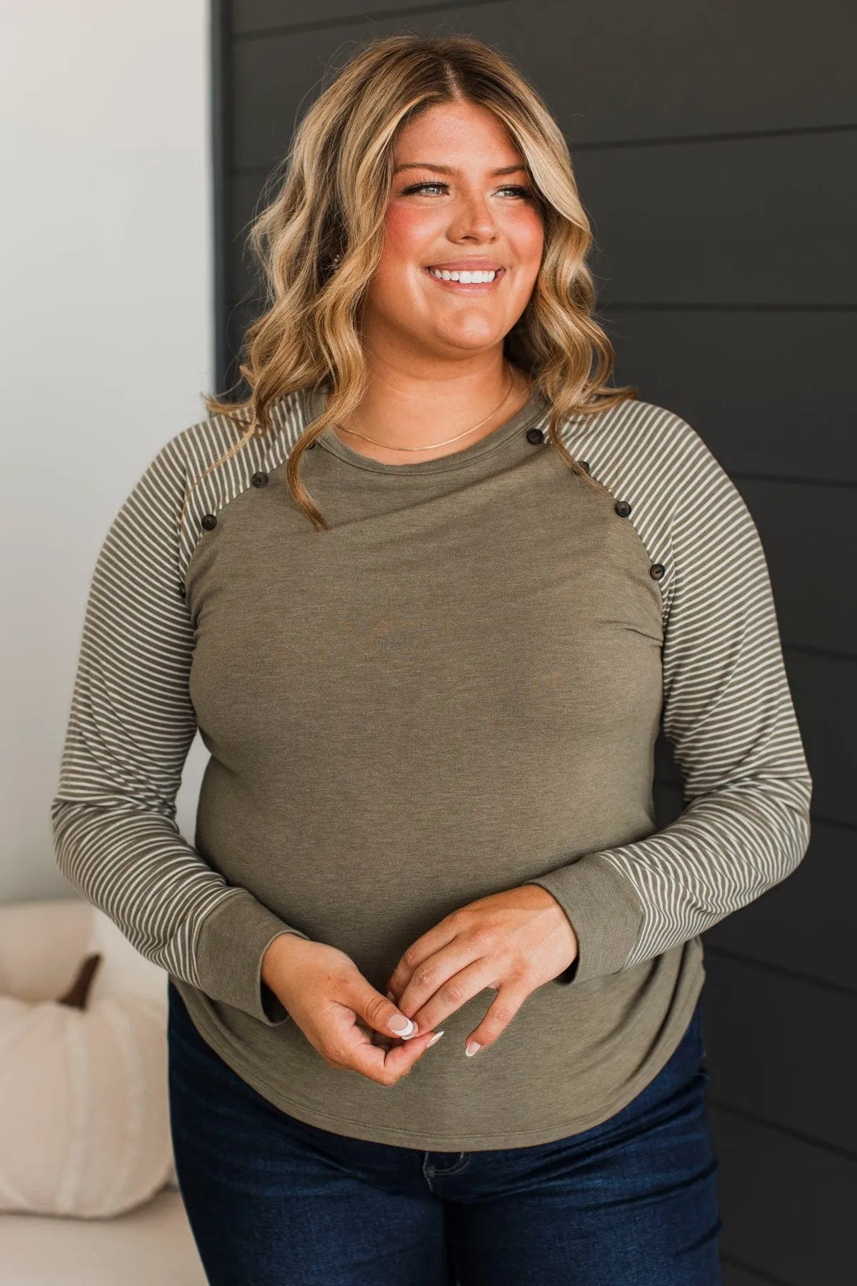Remember This Moment Stripe Sleeve Top- Light Olive
