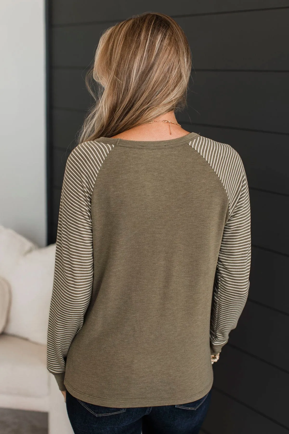 Remember This Moment Stripe Sleeve Top- Light Olive