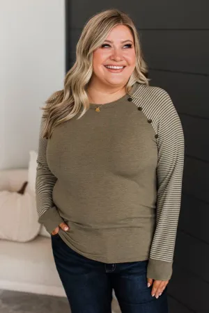 Remember This Moment Stripe Sleeve Top- Light Olive