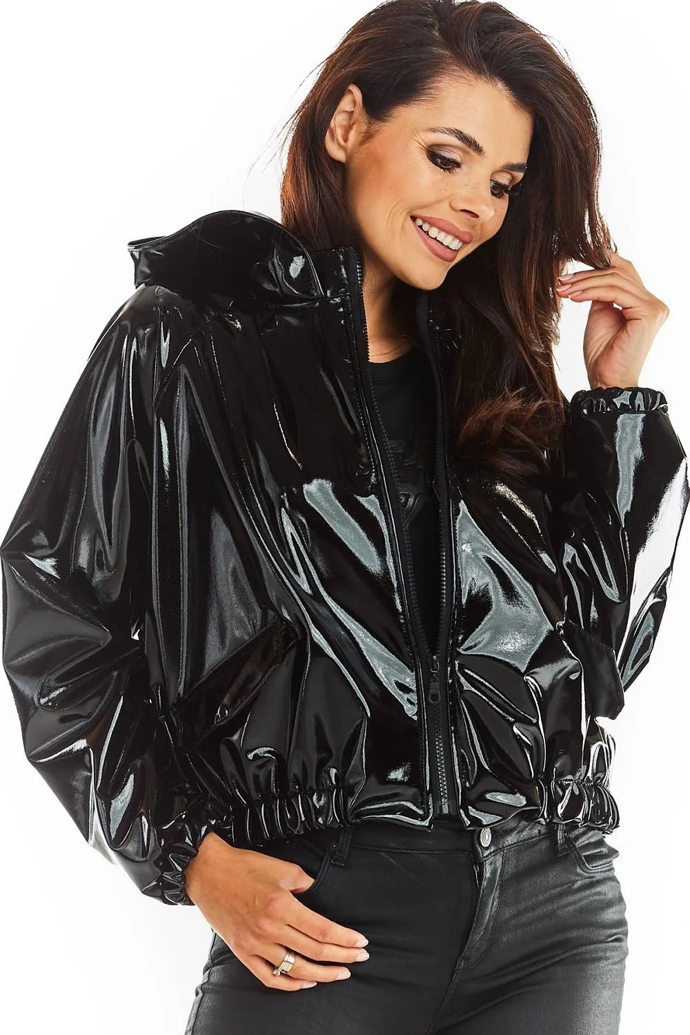 Ribbed Cuff Hooded Vinyl Raincoat