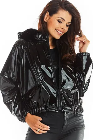 Ribbed Cuff Hooded Vinyl Raincoat