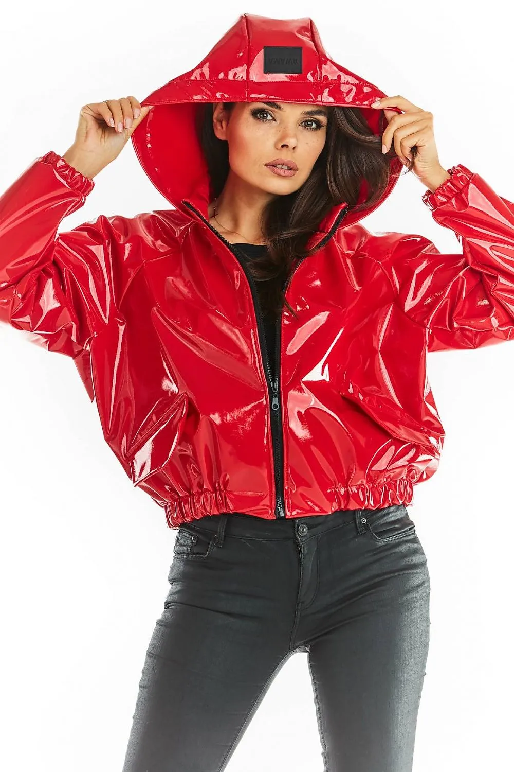 Ribbed Cuff Hooded Vinyl Raincoat