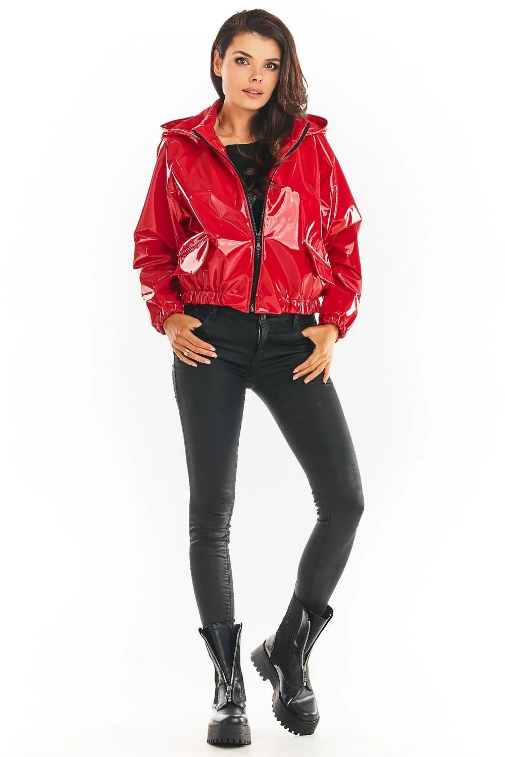 Ribbed Cuff Hooded Vinyl Raincoat