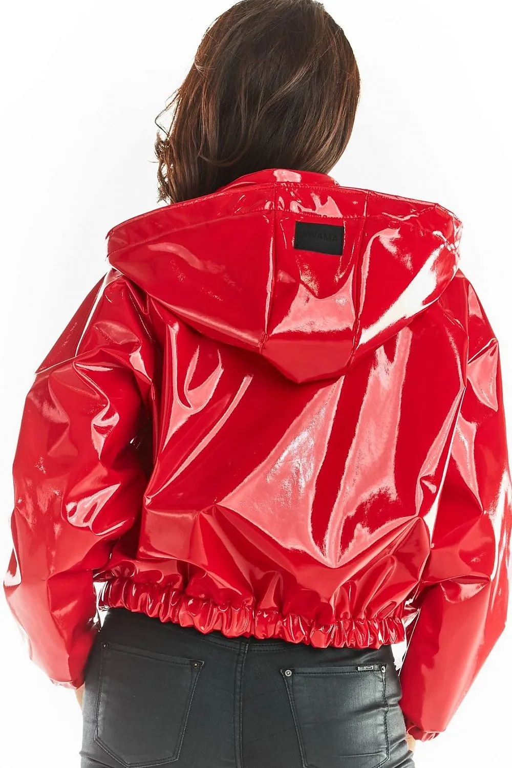 Ribbed Cuff Hooded Vinyl Raincoat