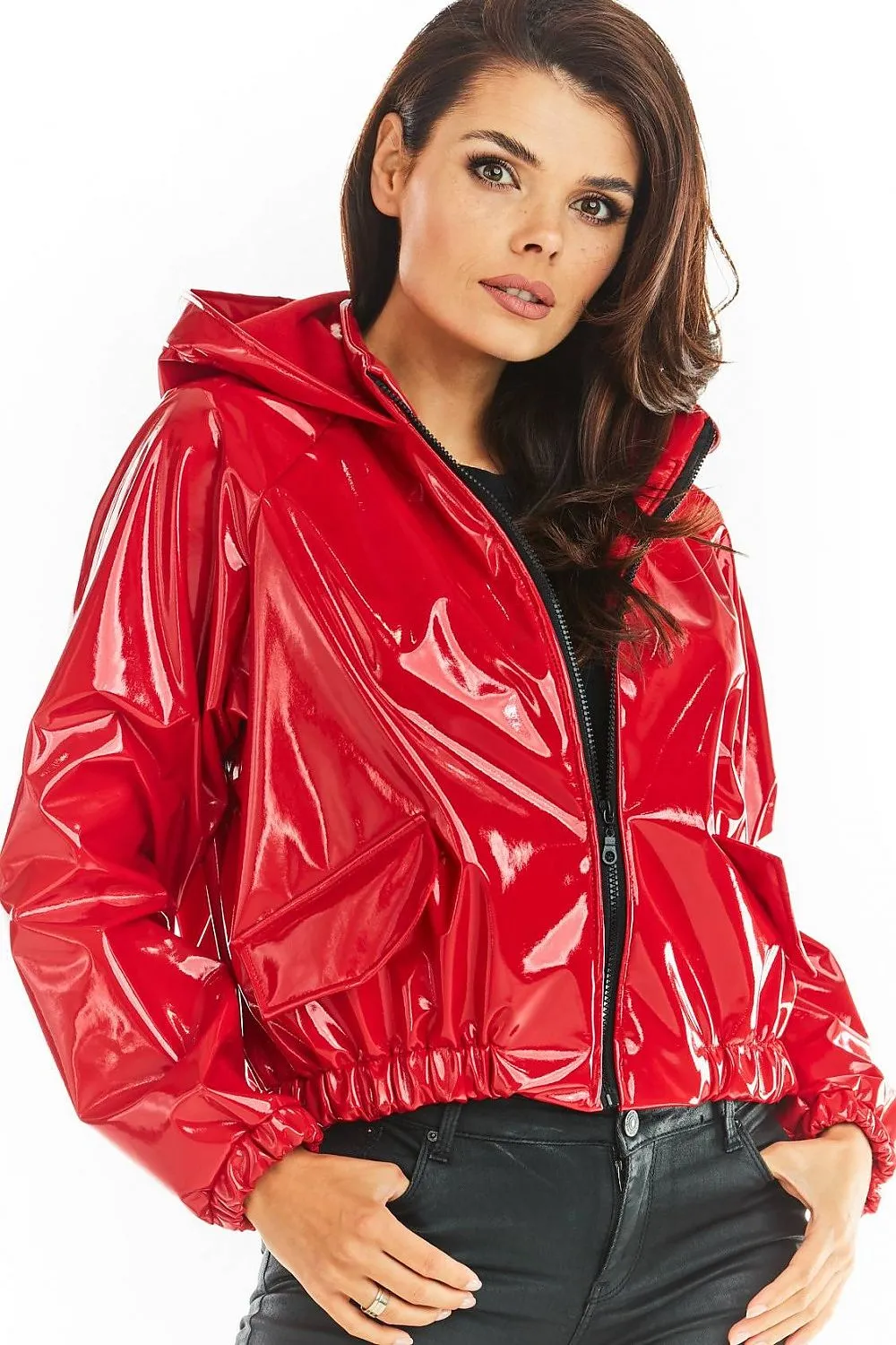 Ribbed Cuff Hooded Vinyl Raincoat