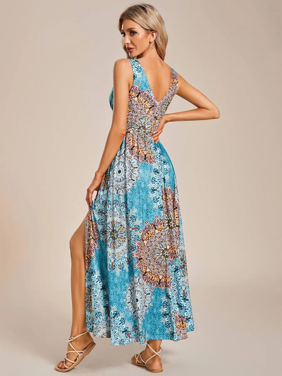 Robe de soirée mi-longue d'été à fleurs sans manches à fente haute(Vente finale)
