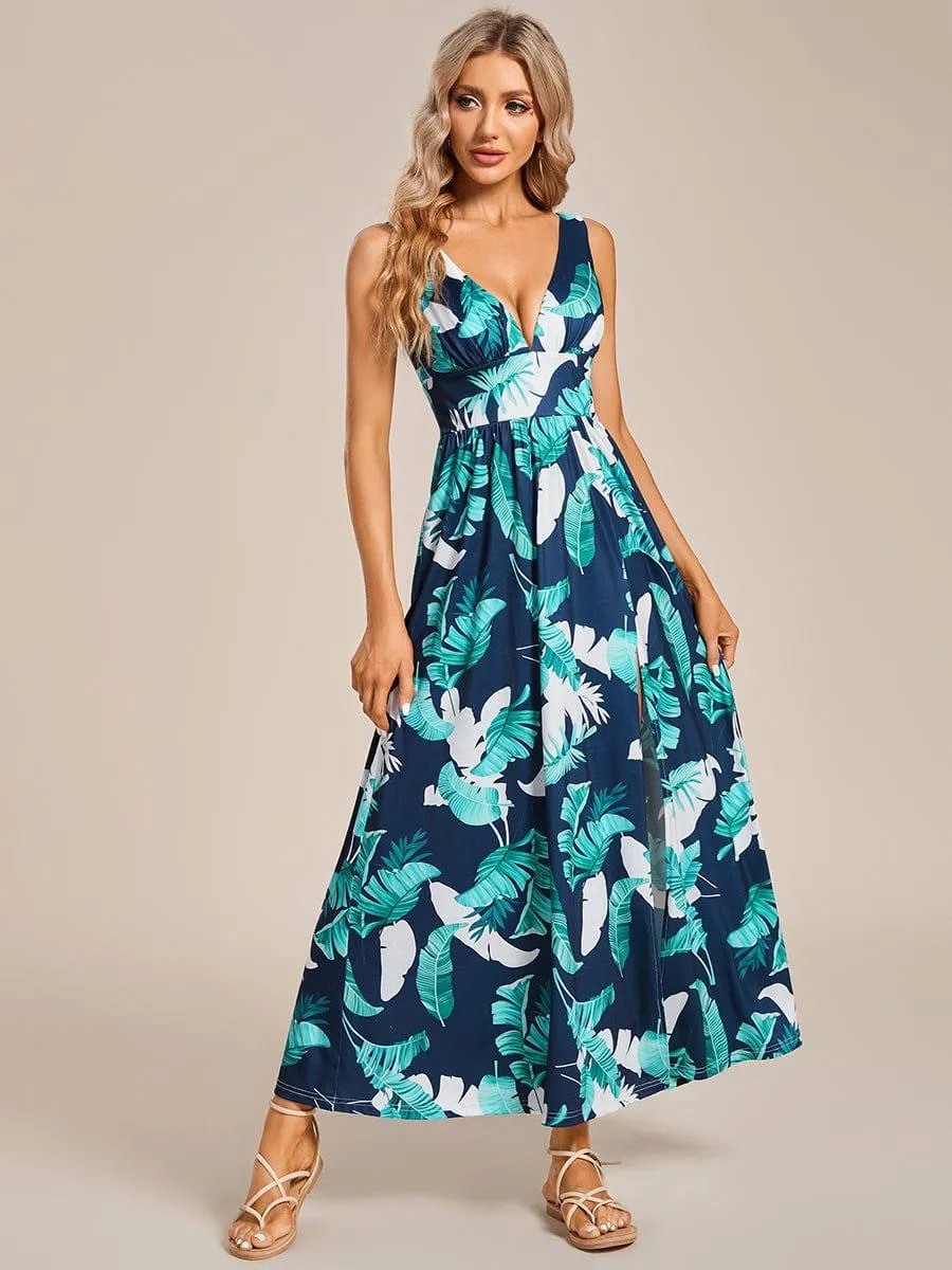 Robe de soirée mi-longue d'été à fleurs sans manches à fente haute(Vente finale)