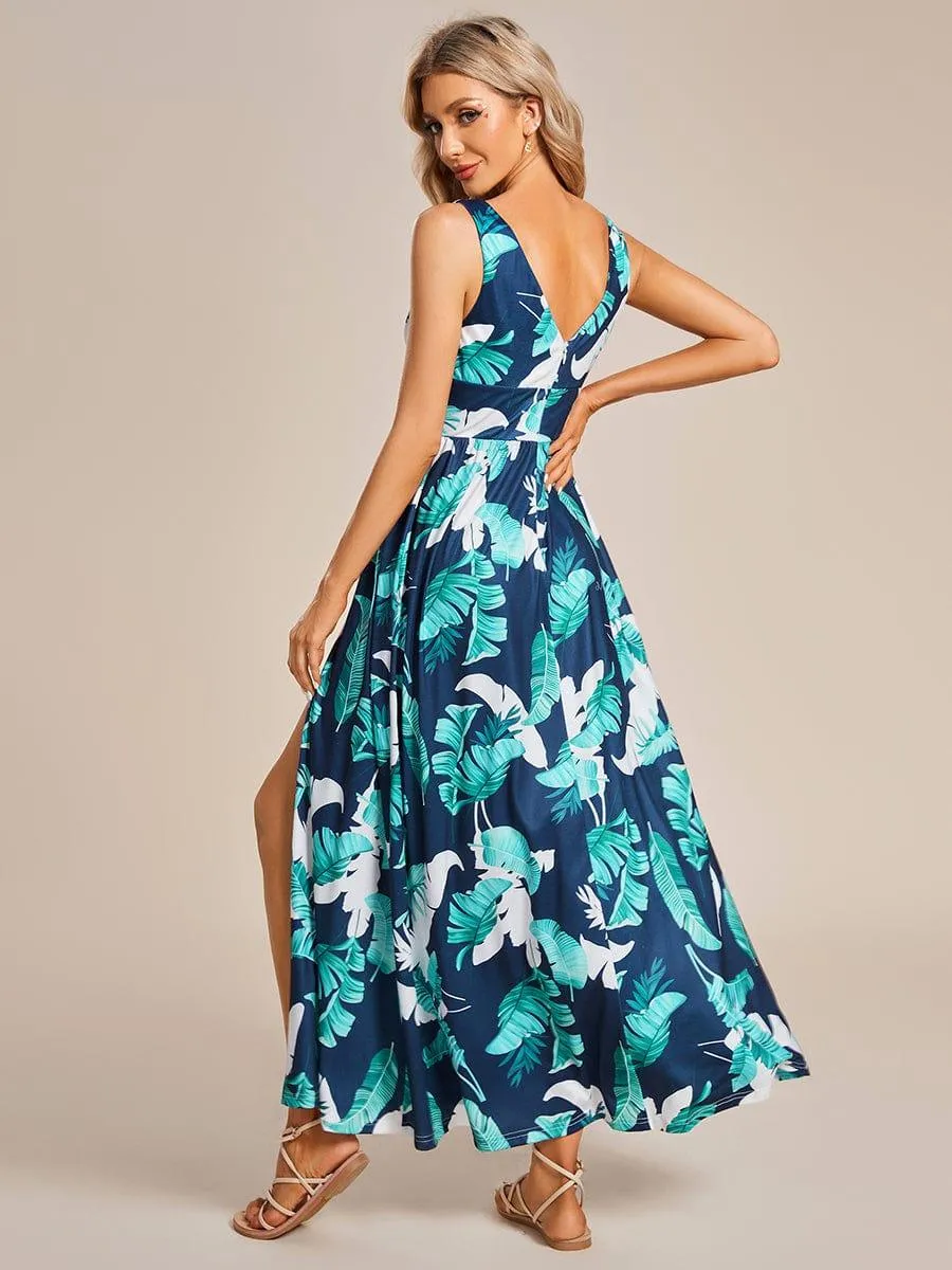 Robe de soirée mi-longue d'été à fleurs sans manches à fente haute(Vente finale)