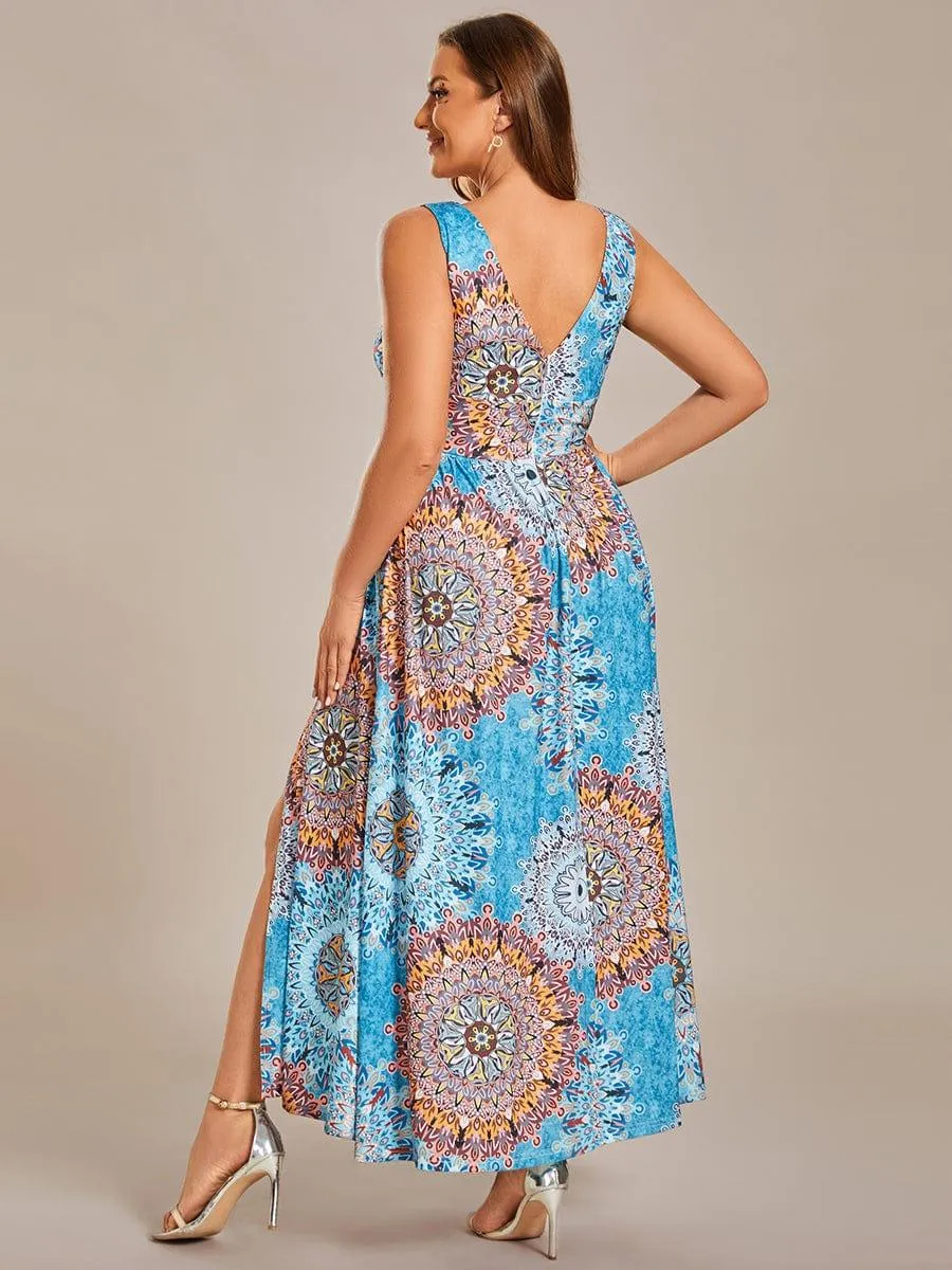 Robe de soirée mi-longue d'été à fleurs sans manches à fente haute(Vente finale)