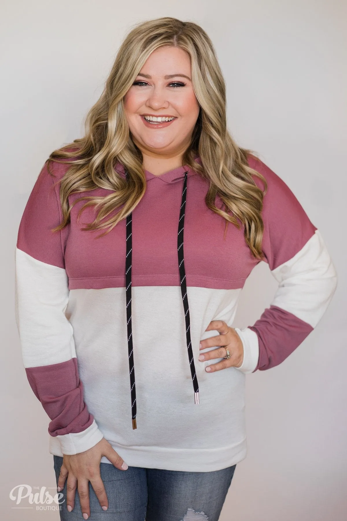 Room For More Color Block Hoodie- Mulberry & Ivory
