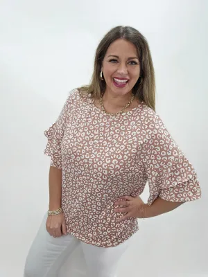ROSE ANIMAL BUTTER SOFT RUFFLE SLEEVE KNIT TOP