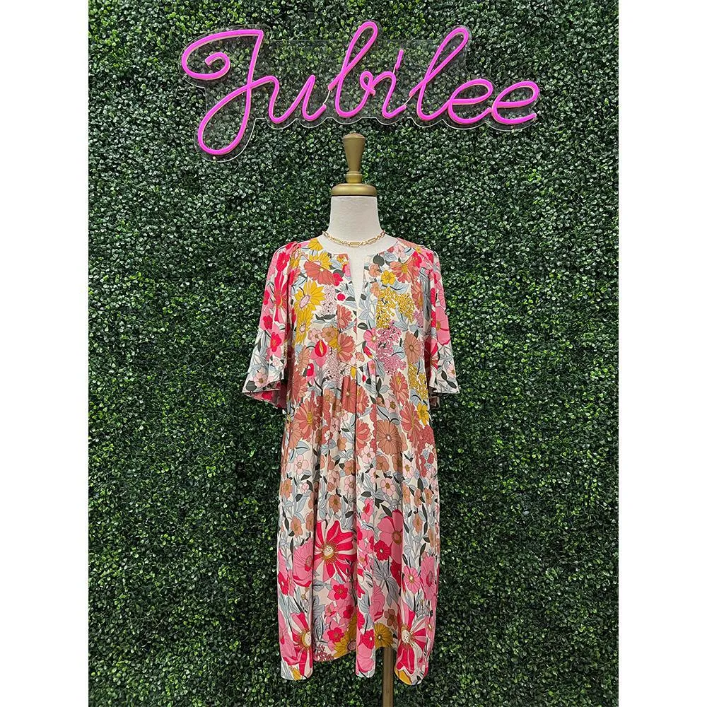Rosie Pink Floral Split Neck Dress