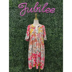 Rosie Pink Floral Split Neck Dress
