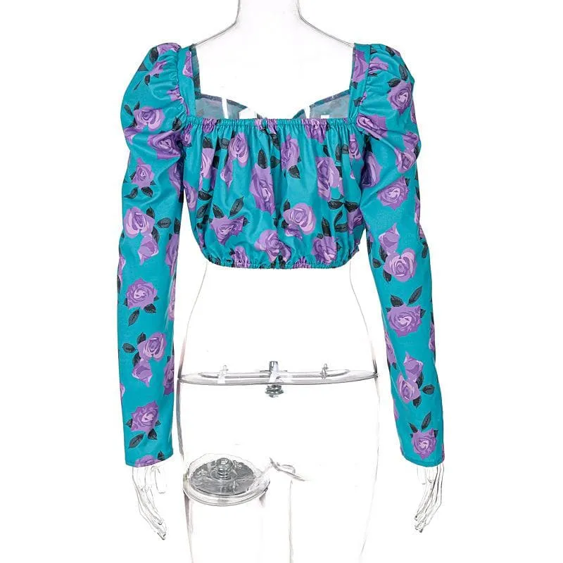 Ruched rose pattern print long sleeve puff sleeve square neck crop top