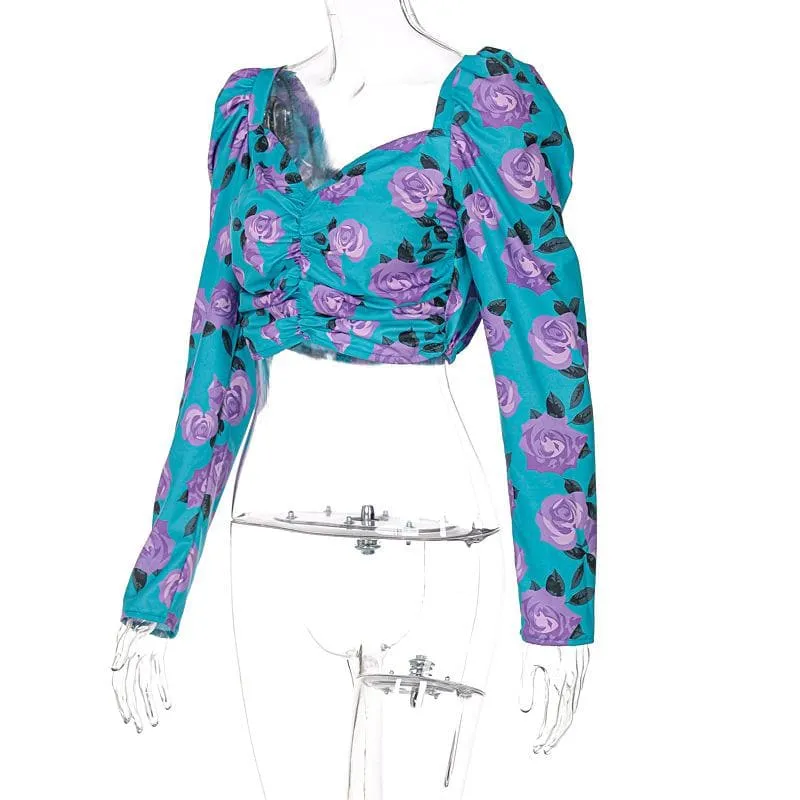 Ruched rose pattern print long sleeve puff sleeve square neck crop top