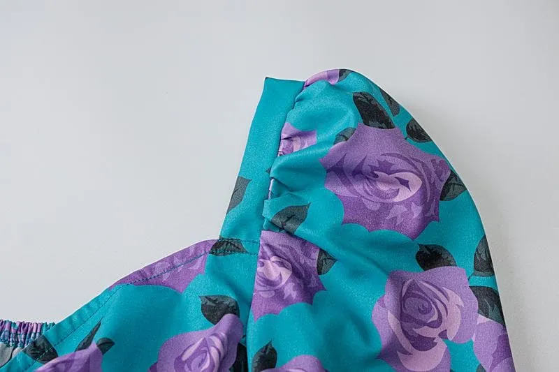 Ruched rose pattern print long sleeve puff sleeve square neck crop top