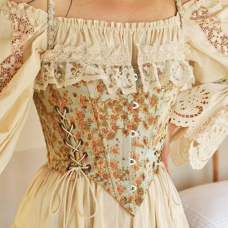 Ruffle lace low cut lace up side floral bustier top