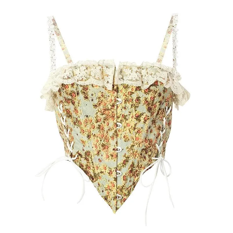 Ruffle lace low cut lace up side floral bustier top