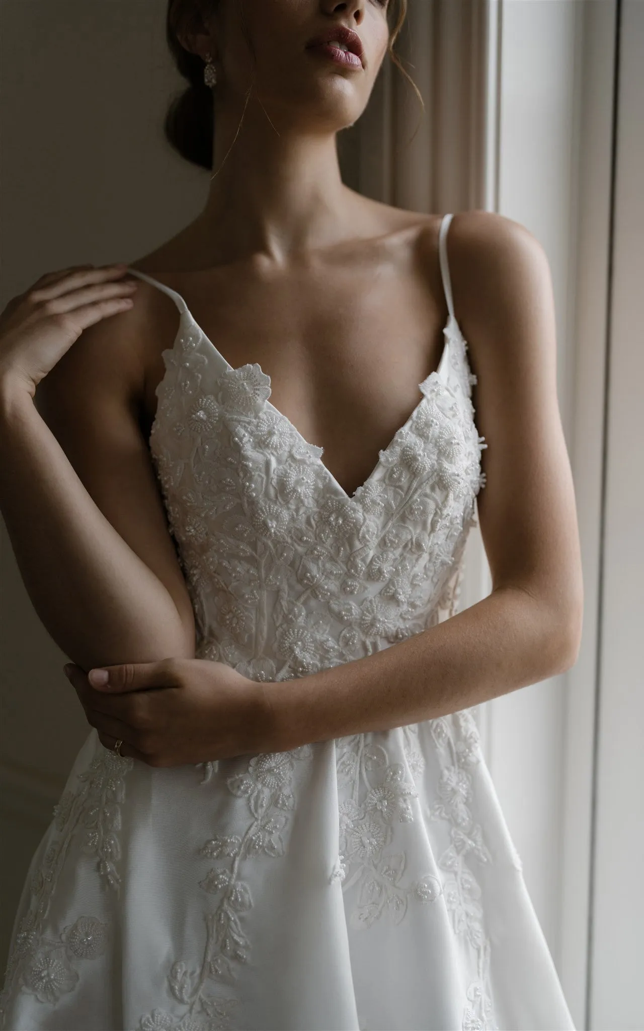 Satin Spaghetti A-Line Elegant Beach Wedding Dress With Open Back And Beading-716586