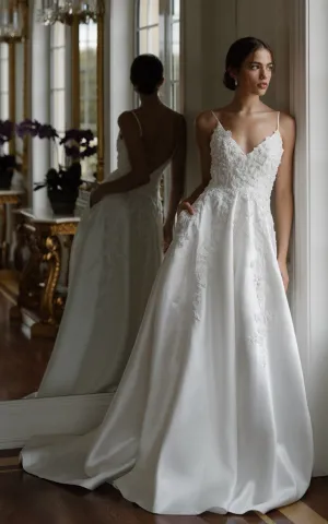 Satin Spaghetti A-Line Elegant Beach Wedding Dress With Open Back And Beading-716586