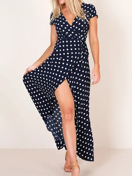 Sexy V-neck Polka Dot Short-sleeved Lace Dress