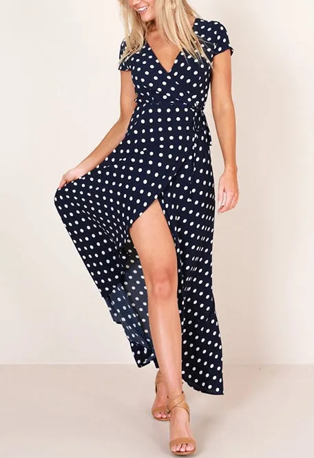 Sexy V-neck Polka Dot Short-sleeved Lace Dress