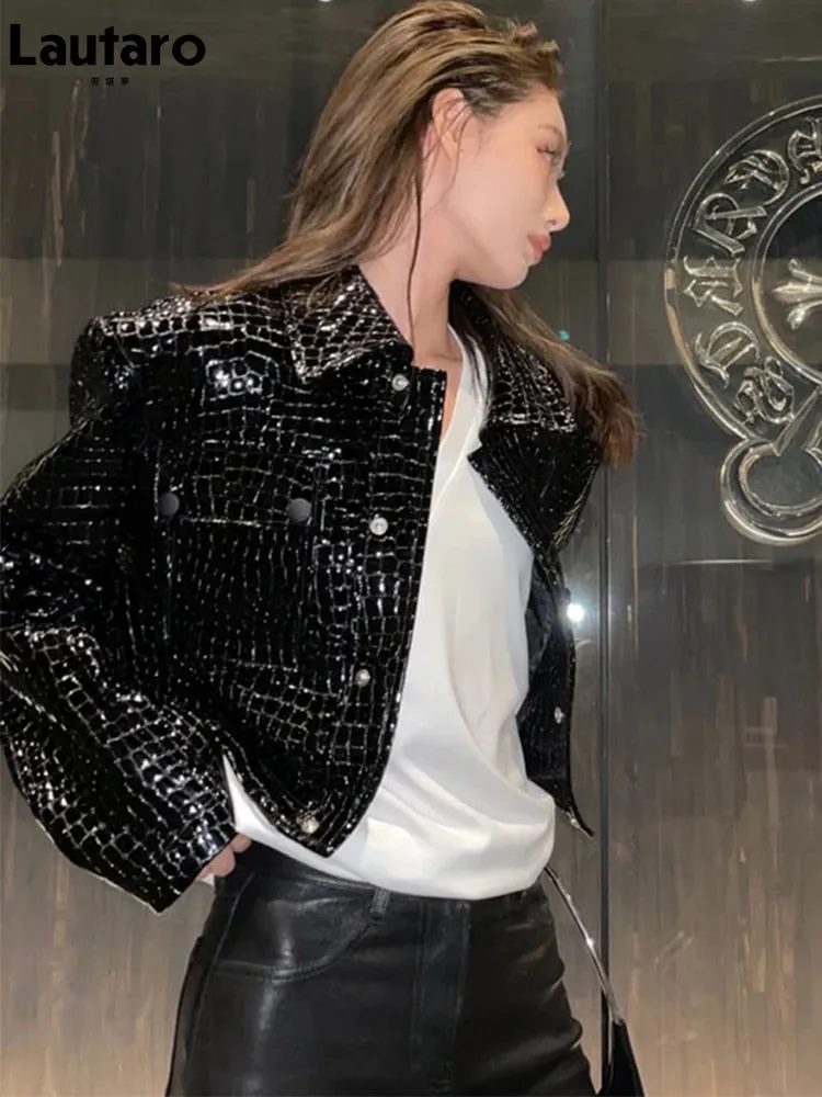 Short Black Reflective Patent Leather Jacket for Women