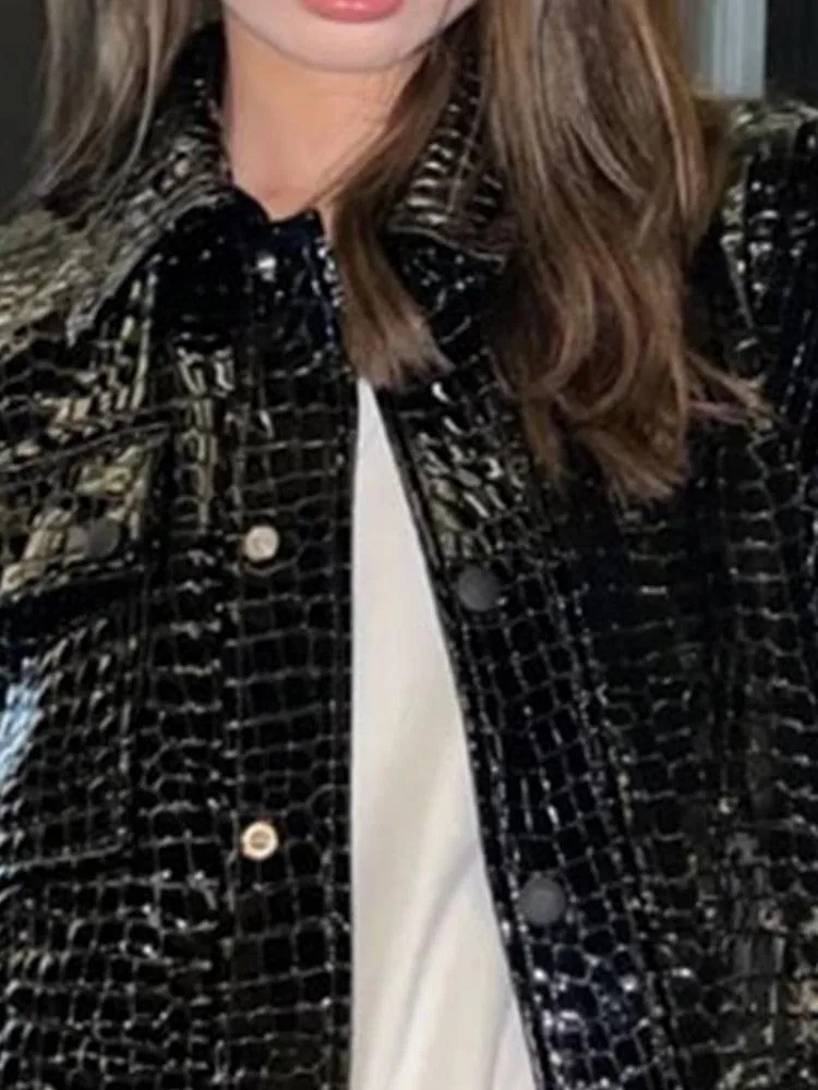 Short Black Reflective Patent Leather Jacket for Women