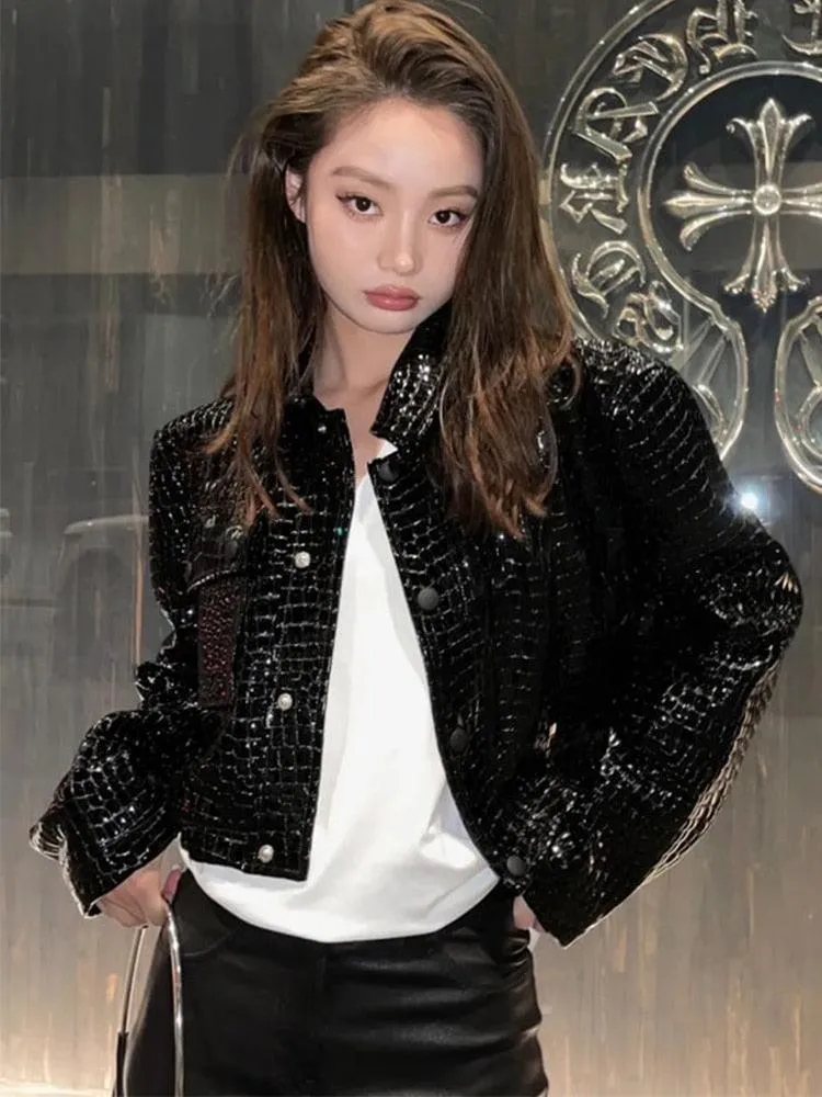 Short Black Reflective Patent Leather Jacket for Women