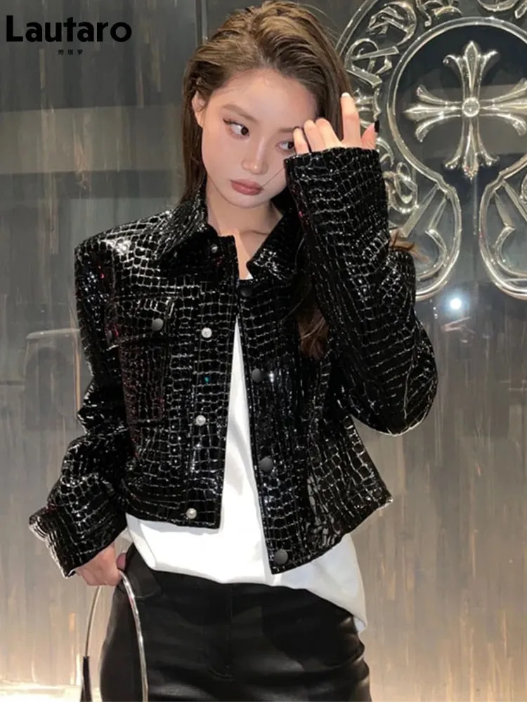 Short Black Reflective Patent Leather Jacket for Women
