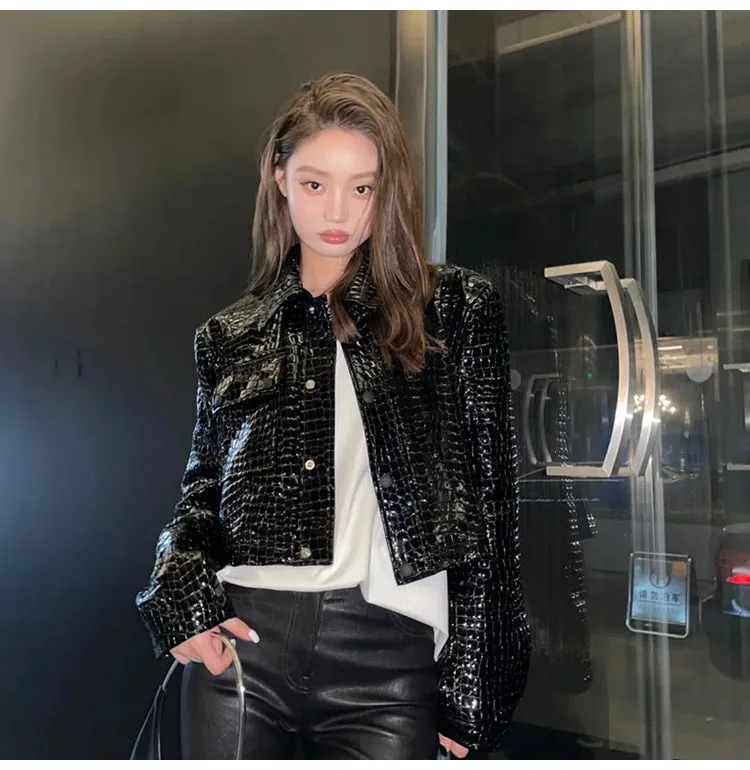 Short Black Reflective Patent Leather Jacket for Women