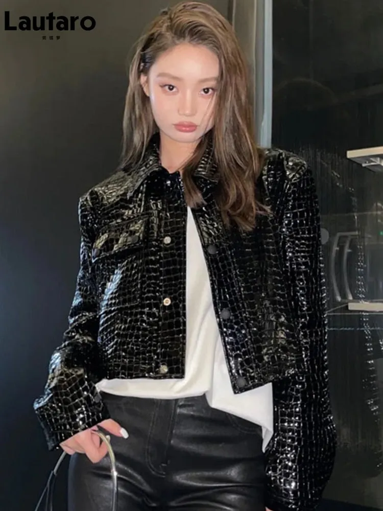 Short Black Reflective Patent Leather Jacket for Women