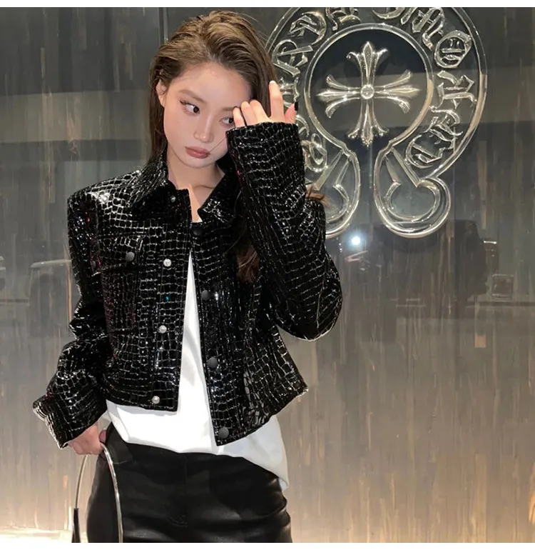 Short Black Reflective Patent Leather Jacket for Women