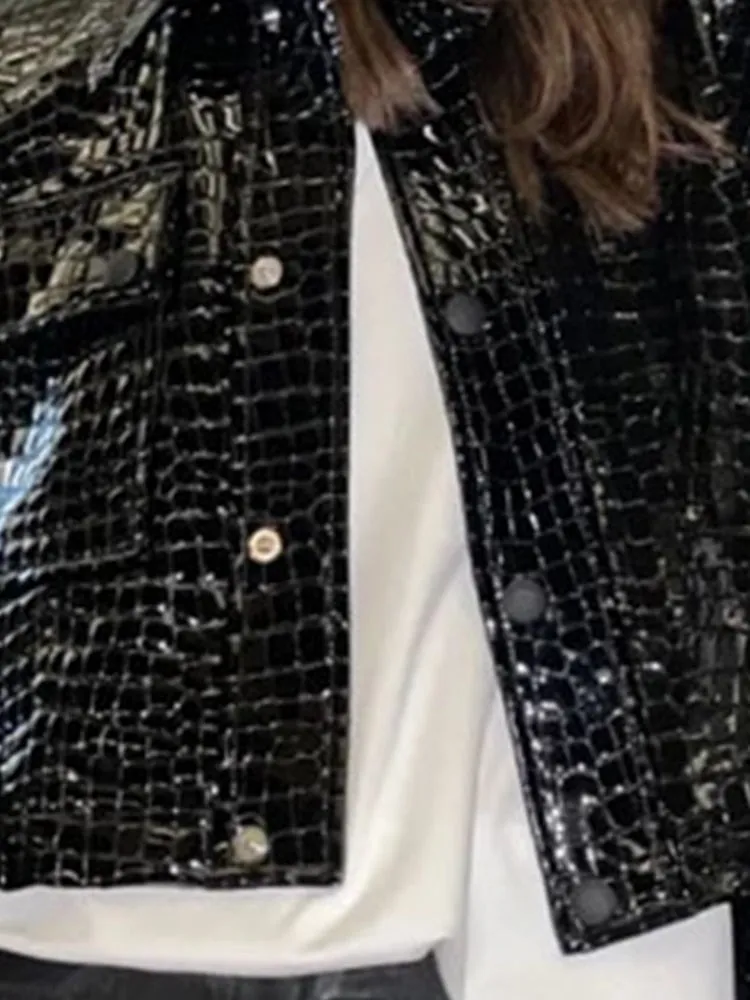 Short Black Reflective Patent Leather Jacket for Women