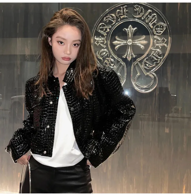 Short Black Reflective Patent Leather Jacket for Women