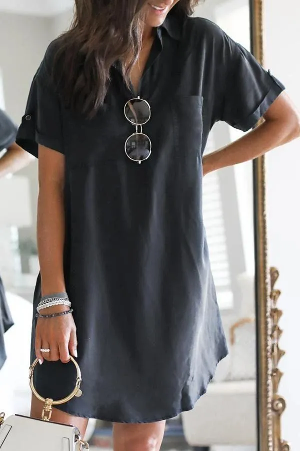 Short Sleeve Solid Color Shirt Collar Mini Dress