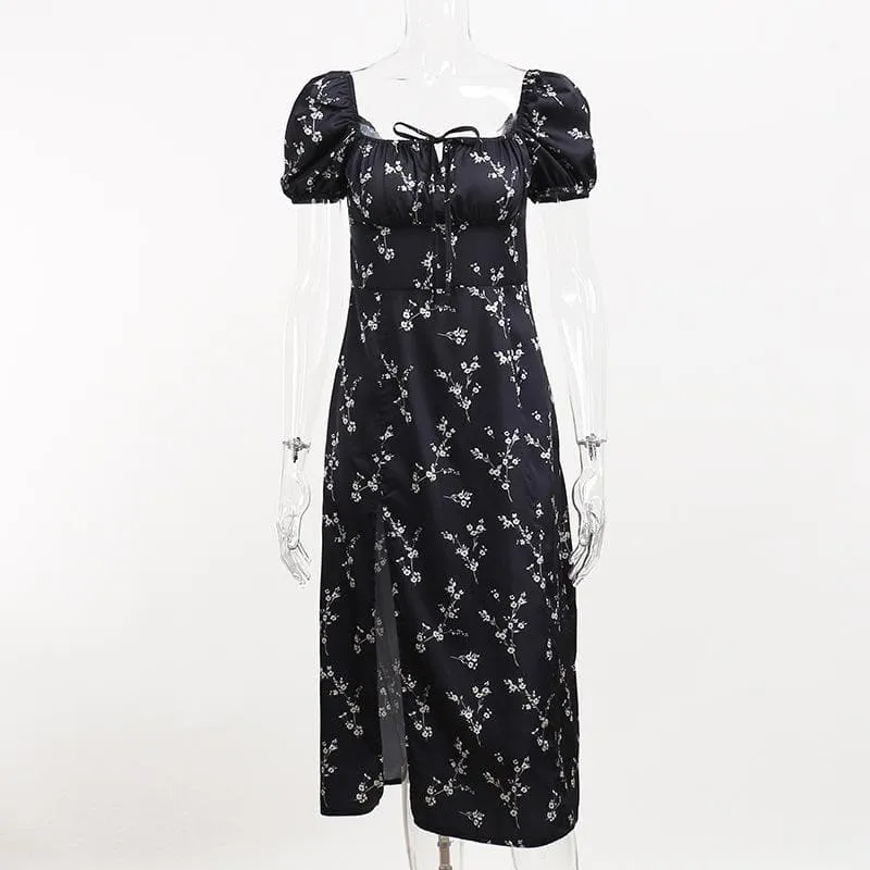 Short sleeve square neck puff sleeve contrast flower pattern print slit self tie midi dress