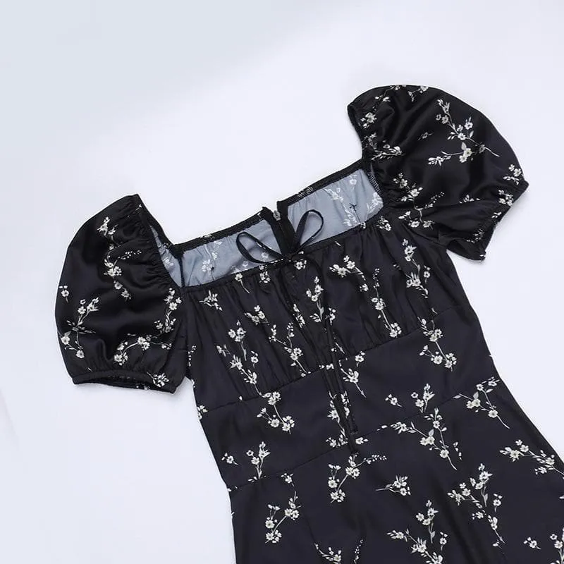 Short sleeve square neck puff sleeve contrast flower pattern print slit self tie midi dress
