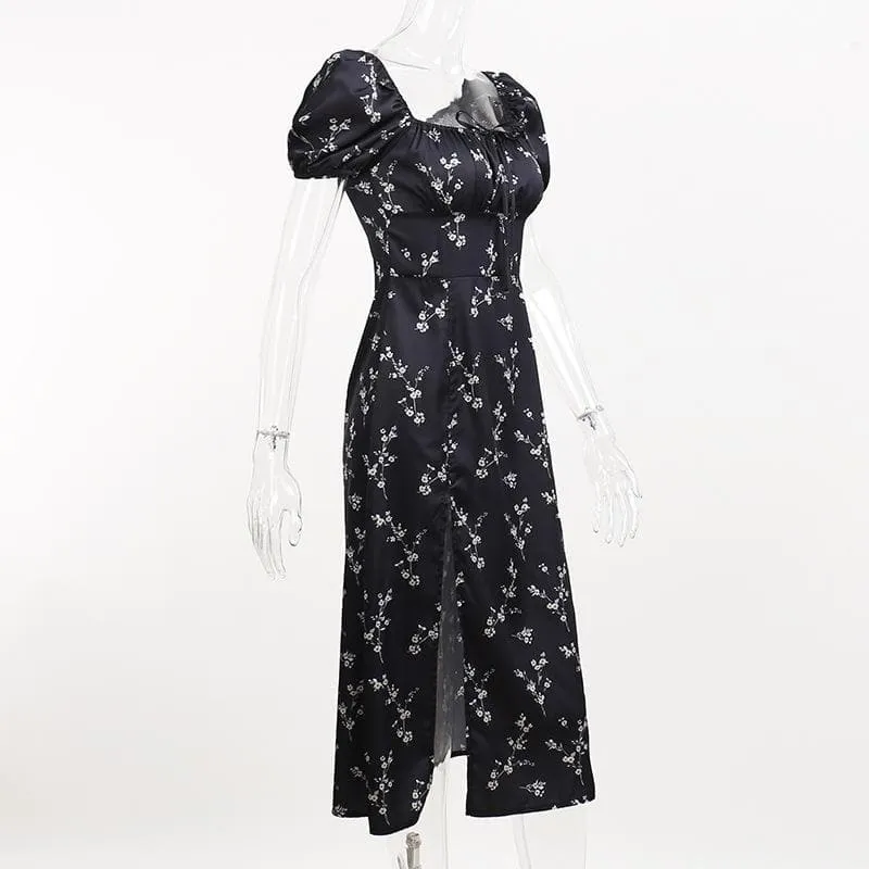 Short sleeve square neck puff sleeve contrast flower pattern print slit self tie midi dress