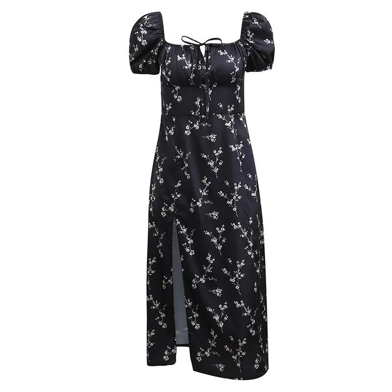 Short sleeve square neck puff sleeve contrast flower pattern print slit self tie midi dress